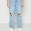 Pier One Distress On Knees - Jeans Relaxed Fit - Light Blue Denim
